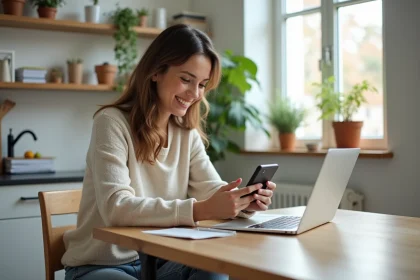 Femme professionnelle en t&eacute;l&eacute;travail dans une cuisine lumineuse