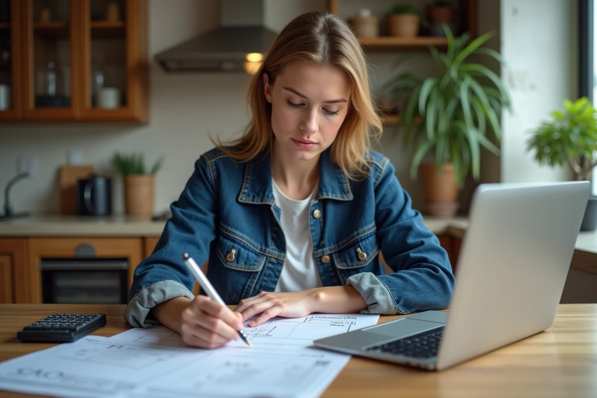 Jeune femme &eacute;tudie plans et calculs pour r&eacute;novation maison