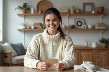 Femme tenant une carte cadeau CSE dans un intérieur décoré style maison du monde