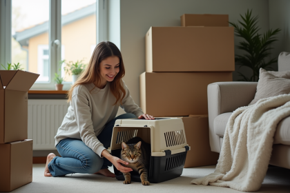 Jeune femme rassurant un chat dans un intérieur en déménagement