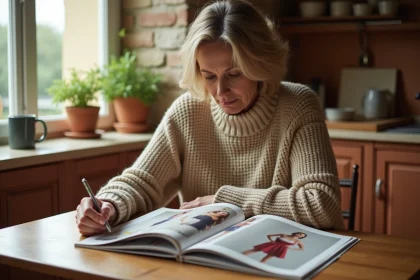 Femme de 50 ans feuilletant un catalogue de mode Blancheporte à une table de cuisine en bois