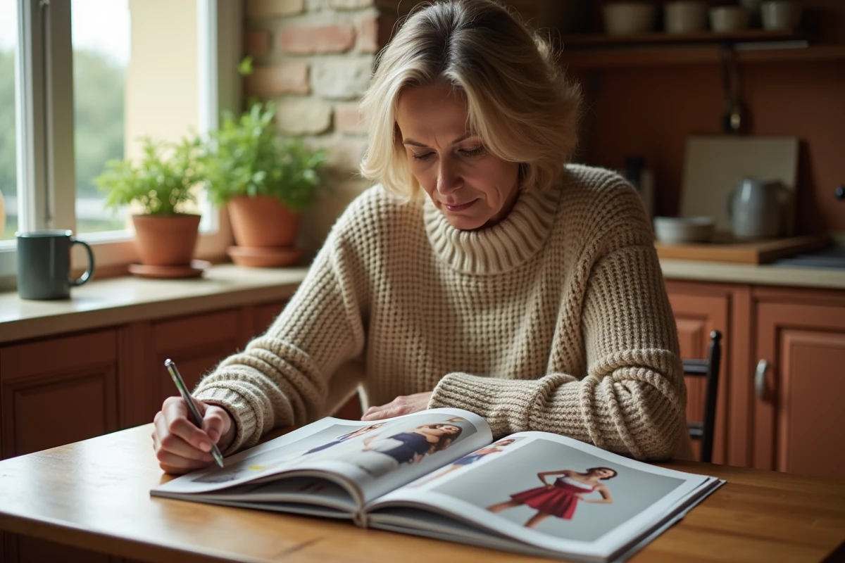 Femme de 50 ans feuilletant un catalogue de mode Blancheporte à une table de cuisine en bois