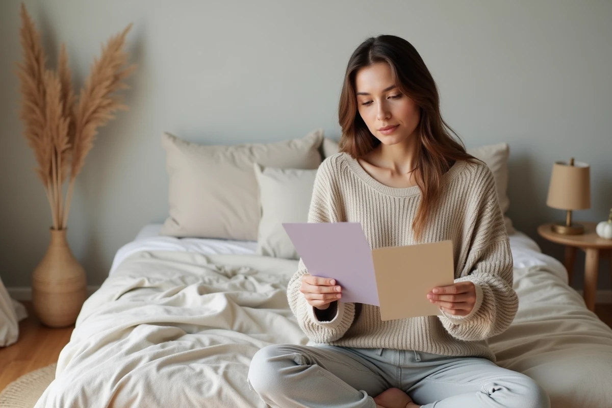 Jeune femme assise sur un lit comparant des échantillons de peinture lavande et greige pour choisir la couleur apaisante de sa chambre