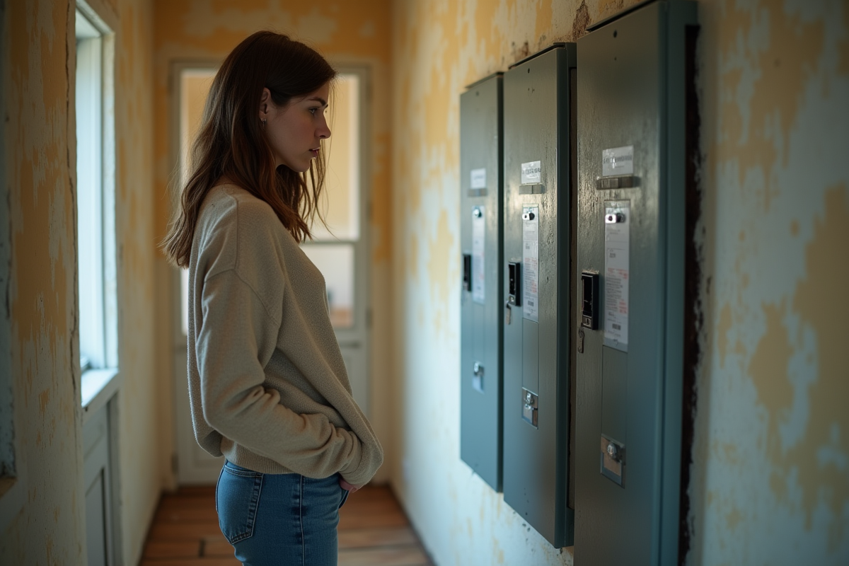 Jeune femme regardant un disjoncteur humide dans un couloir