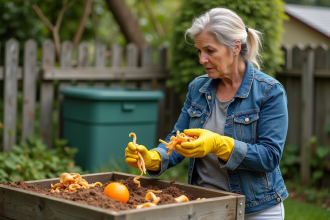 Femme en jardinage contemplant compost et épluchures
