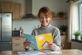 Femme souriante consulte brochures d énergie dans une cuisine moderne