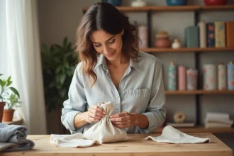 Femme cousant un sachet en tissu dans un atelier lumineux