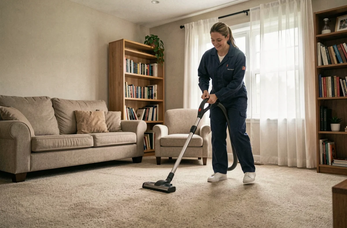 Femme de ménage passant l'aspirateur dans un salon résidentiel avec moquette beige