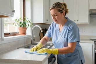 Femme de ménage en uniforme bleu nettoyant un plan de travail dans une cuisine moderne