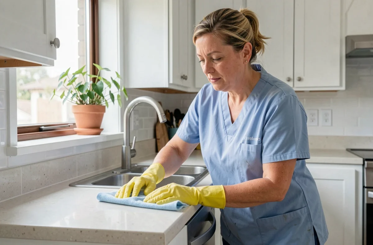 Femme de ménage en uniforme bleu nettoyant un plan de travail dans une cuisine moderne