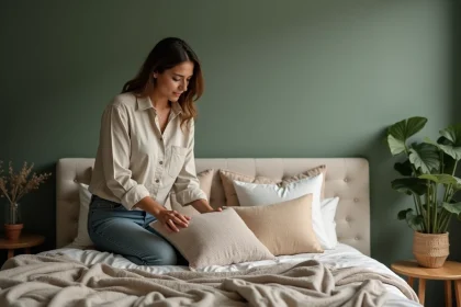 Femme &eacute;l&eacute;gante arrangeant des coussins dans une chambre moderne