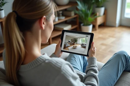 Femme assise sur un canap&eacute; avec une tablette pour design int&eacute;rieur