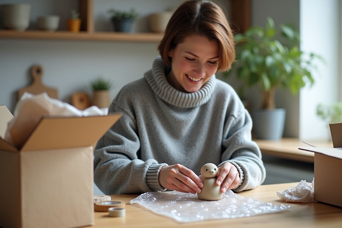 Femme emballant une figurine en argile dans une cuisine lumineuse
