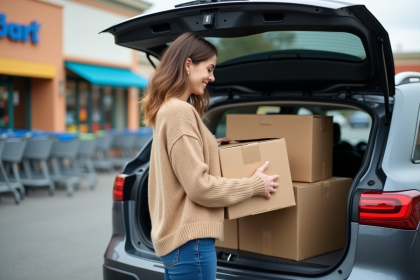 Jeune femme empilant des cartons dans sa voiture