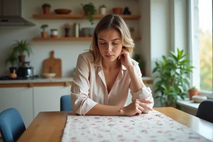 Femme regardant un tissu brillant sur la table de cuisine