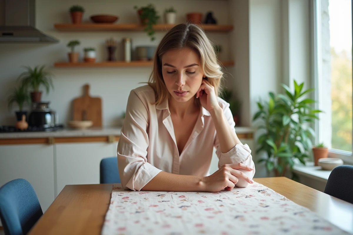 Femme regardant un tissu brillant sur la table de cuisine