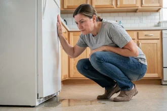 Femme examinant une flaque d'eau au pied de son réfrigérateur blanc dans une cuisine moderne
