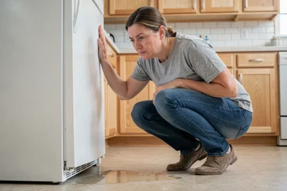 Femme examinant une flaque d'eau au pied de son réfrigérateur blanc dans une cuisine moderne