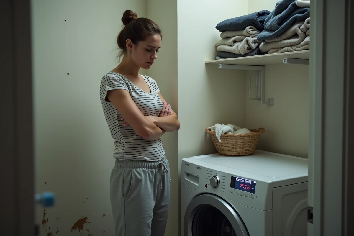 Femme frustrée face à un lave-linge en panne affichant un code erreur dans un appartement urbain