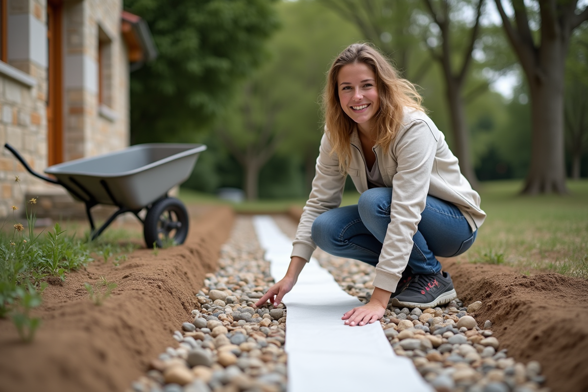 Jeune femme pose une toile géotextile sur un drain de gravier