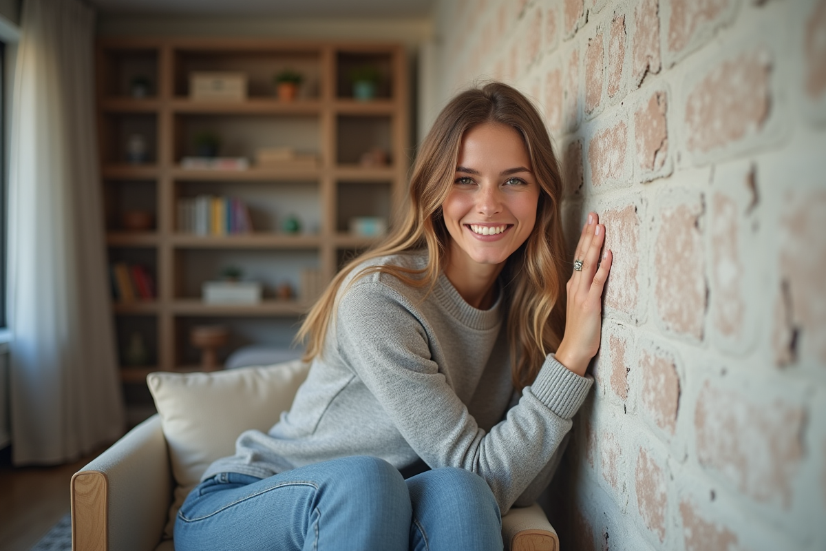 Femme souriante devant un mur isolé dans un salon cosy