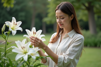 Femme en robe d'été tendant des lys blancs dans un jardin