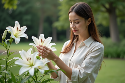 Femme en robe d'été tendant des lys blancs dans un jardin