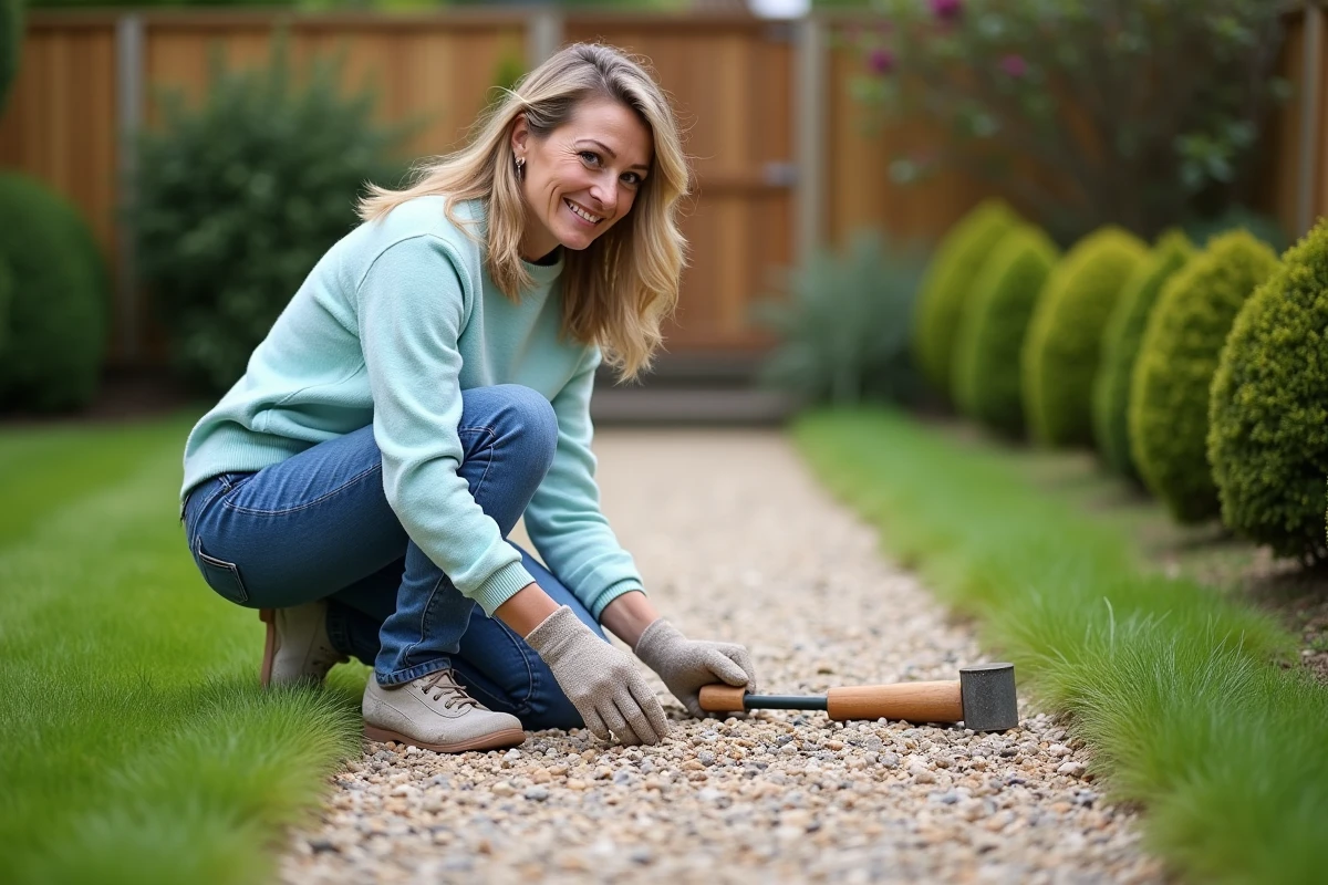 Femme en jeans et pull bleu arrangeant gravier dans le jardin