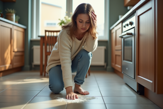 Femme curieuse examinant une poudre blanche dans la cuisine