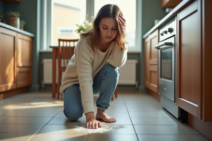 Femme curieuse examinant une poudre blanche dans la cuisine