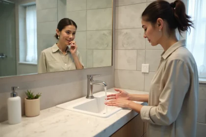Femme d'&acirc;ge moyen lavant ses mains dans un lavabo moderne