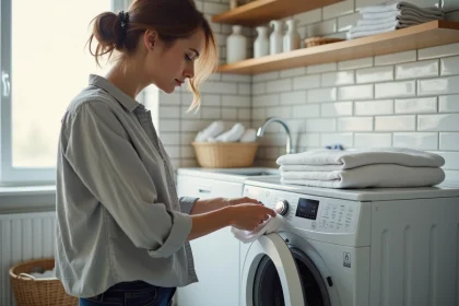 Femme lisant les pictogrammes lessive sur l'&eacute;tiquette d'une chemise blanche avant de la mettre en machine &agrave; laver