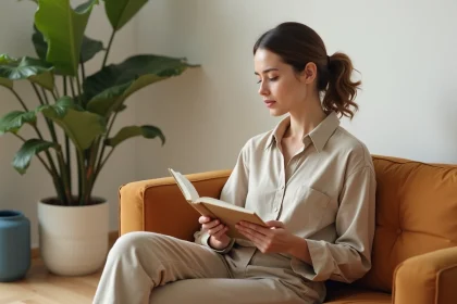 Femme lisant tranquillement dans un salon beige