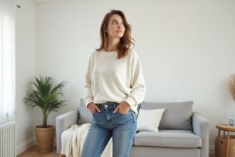 Femme dans un intérieur moderne blanc et lumineux