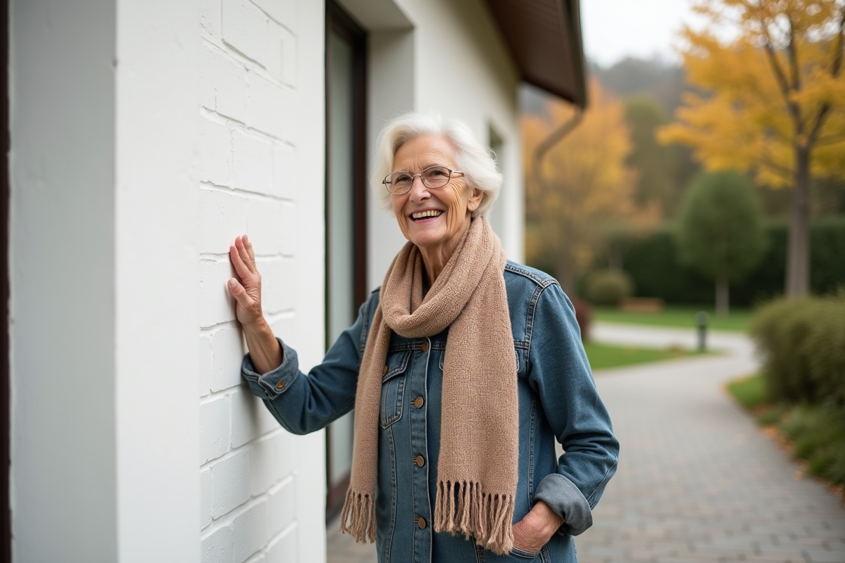 Sage femme fiere devant sa maison renovée en automne