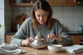 Femme polissant un theiere en argent dans la cuisine