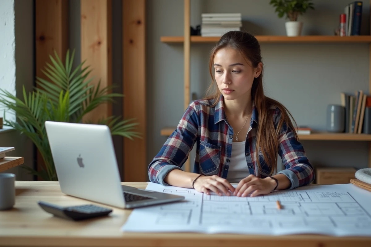 Jeune femme utilisant un ordinateur avec plans de construction
