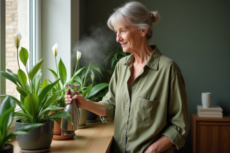 Femme d'âge moyen vaporisant des plantes d'intérieur vertes