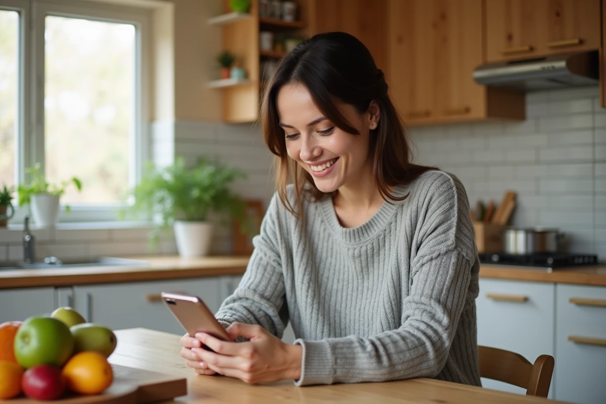 Femme consultant les promotions Carrefour livraisons sur son smartphone dans une cuisine moderne