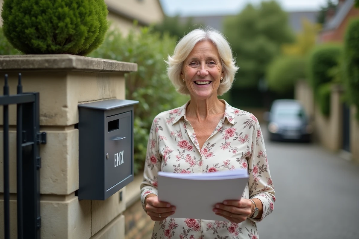 Femme retirant un catalogue Blancheporte de sa boîte aux lettres devant sa maison