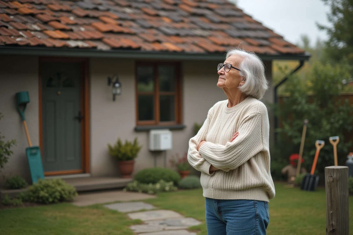Femme &acirc;g&eacute;e observant son toit us&eacute; depuis le sol
