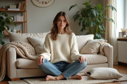 Femme assise sur un canap&eacute; beige dans un salon cosy
