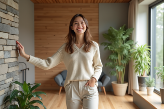 Jeune femme souriante touchant un mur en bois dans un salon lumineux