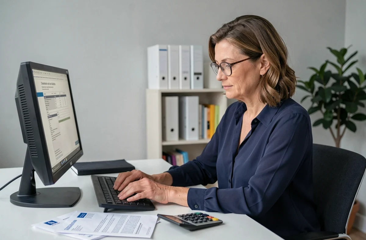Femme seule constituant son foyer fiscal individuel devant son ordinateur avec les documents officiels de déclaration de revenus