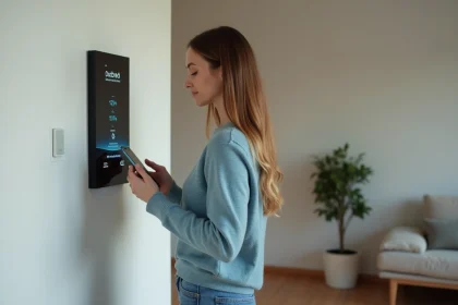 Jeune femme utilisant un panneau de contr&ocirc;le domotique dans un salon moderne