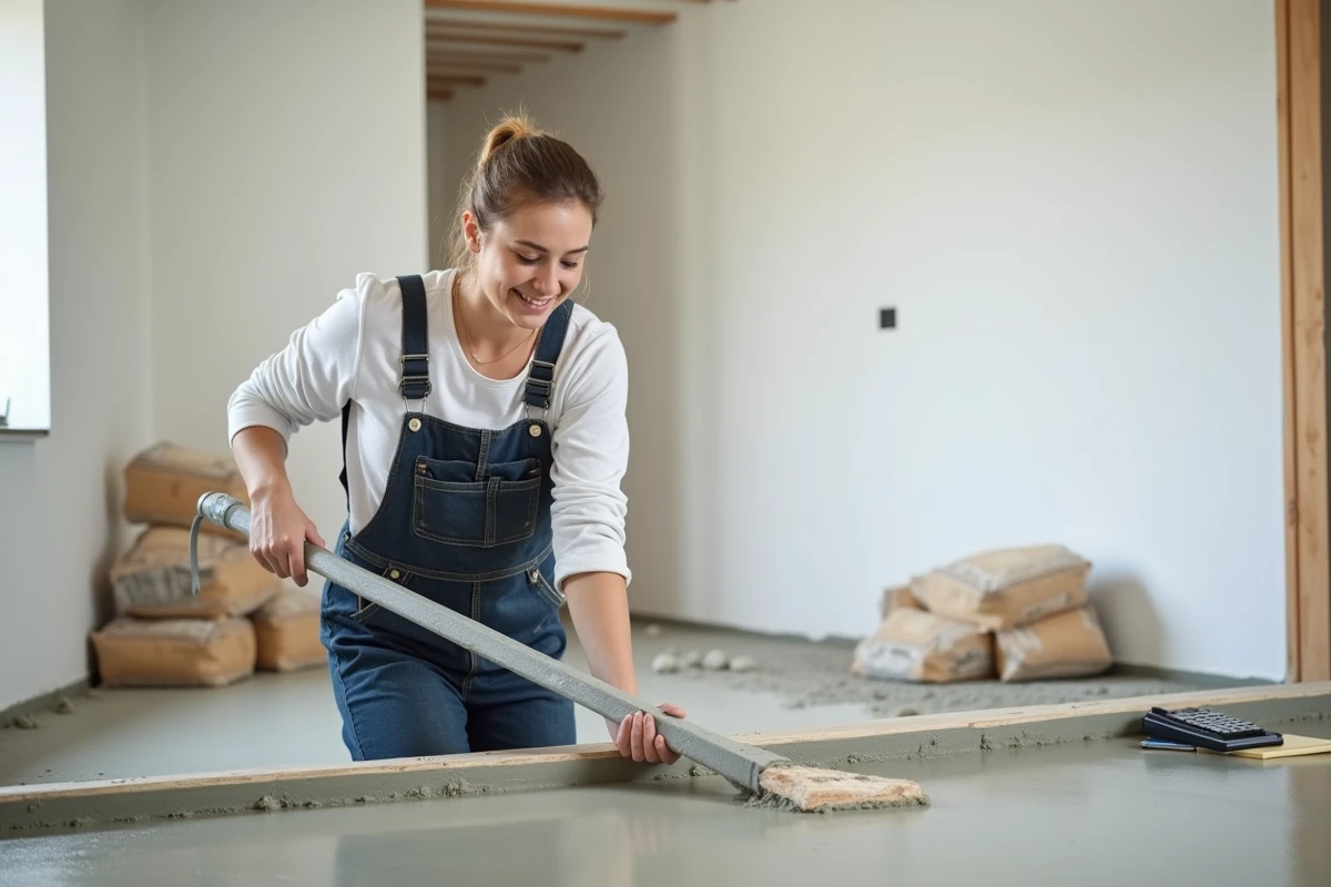 Jeune femme lissant une chape fraîche dans une maison