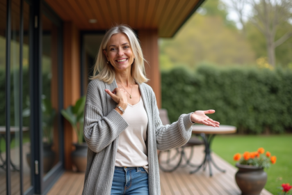 Femme souriante en veranda moderne et lumineuse