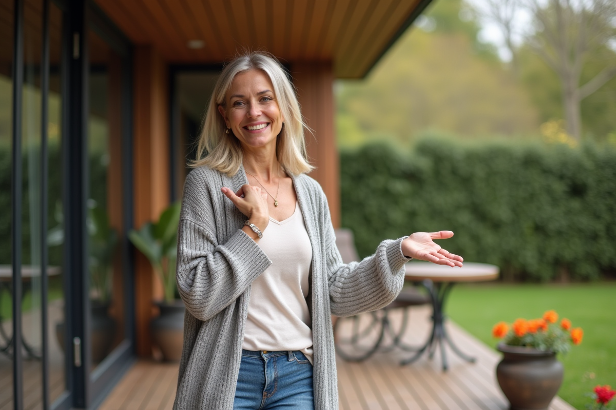 Femme souriante en veranda moderne et lumineuse