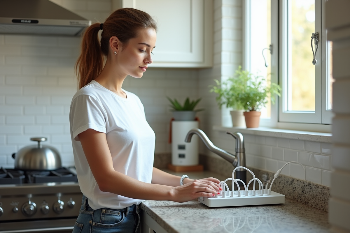 Jeune femme dans la cuisine vérifiant une multiprise surchargée
