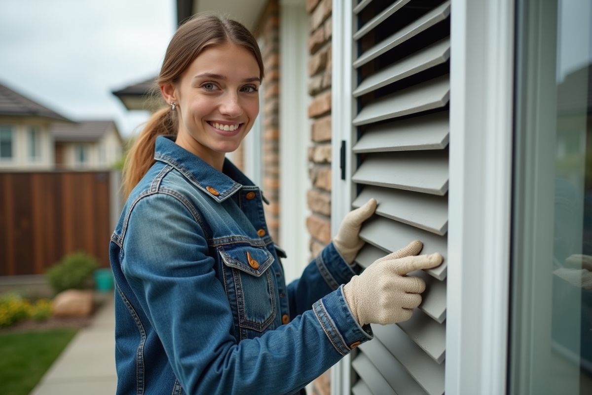Jeune femme en vêtement de travail vérifiant un volet extérieur